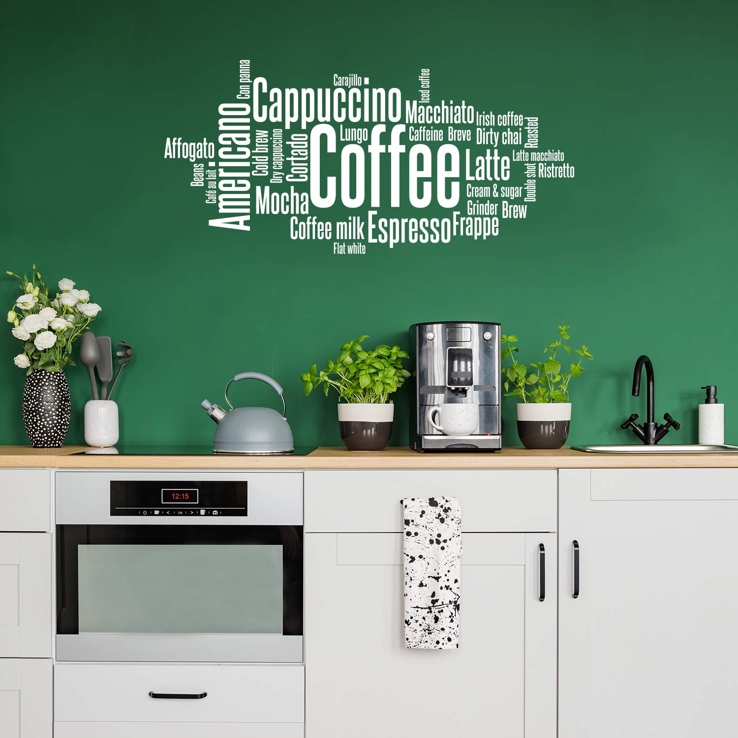 Coffee Time Wall Decals - Black Vinyl Kitchen Decor Stickers, Cafe Cups & Quote Art, Removable PVC
