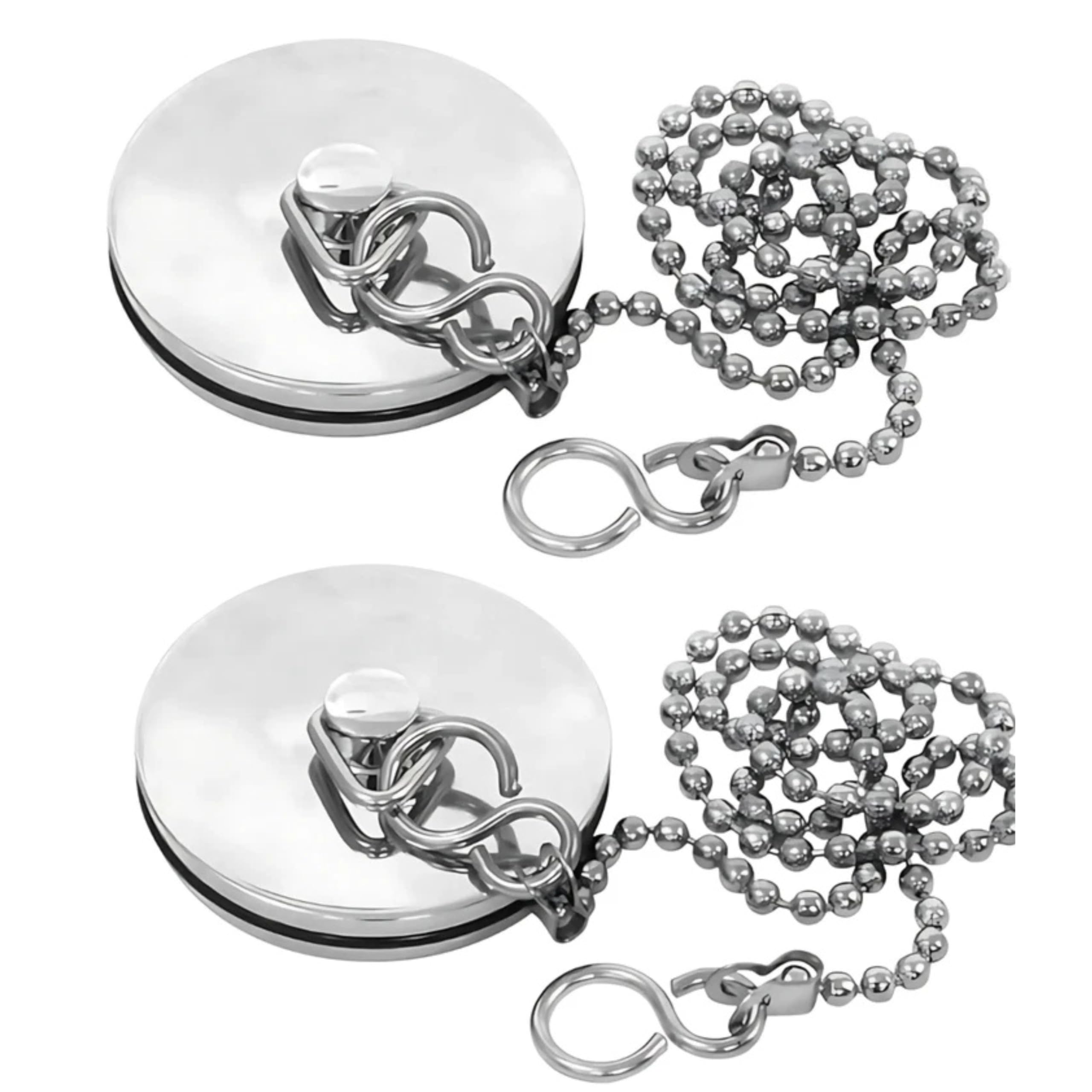 2 Pcs Black Rubber Bath Sink Plug with Silver Chain 5cm Plug with 34cm Stainless Steel Ball Chain Universal Fit for Kitchen, Bathroom & Utility Sinks