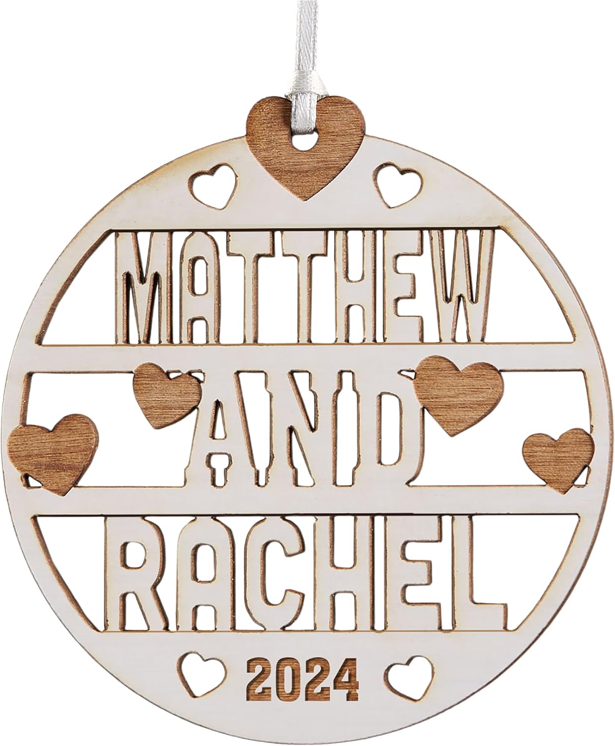 Personalization Universe Romantic Forever Yours Personalized Wood Christmas Ornament - White Washed Maple with Hanging Ribbon - Include Any 2 Names & Year - Beautiful Indoor Decoration, 3.75"W x 4"H