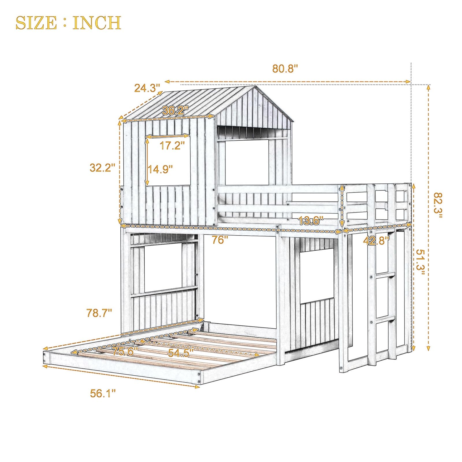 Epinki Wooden Twin Over Full Bunk Bed, Loft Bed with Playhouse, Farmhouse, Ladder and Guardrails, Antique Gray, Kids Bed