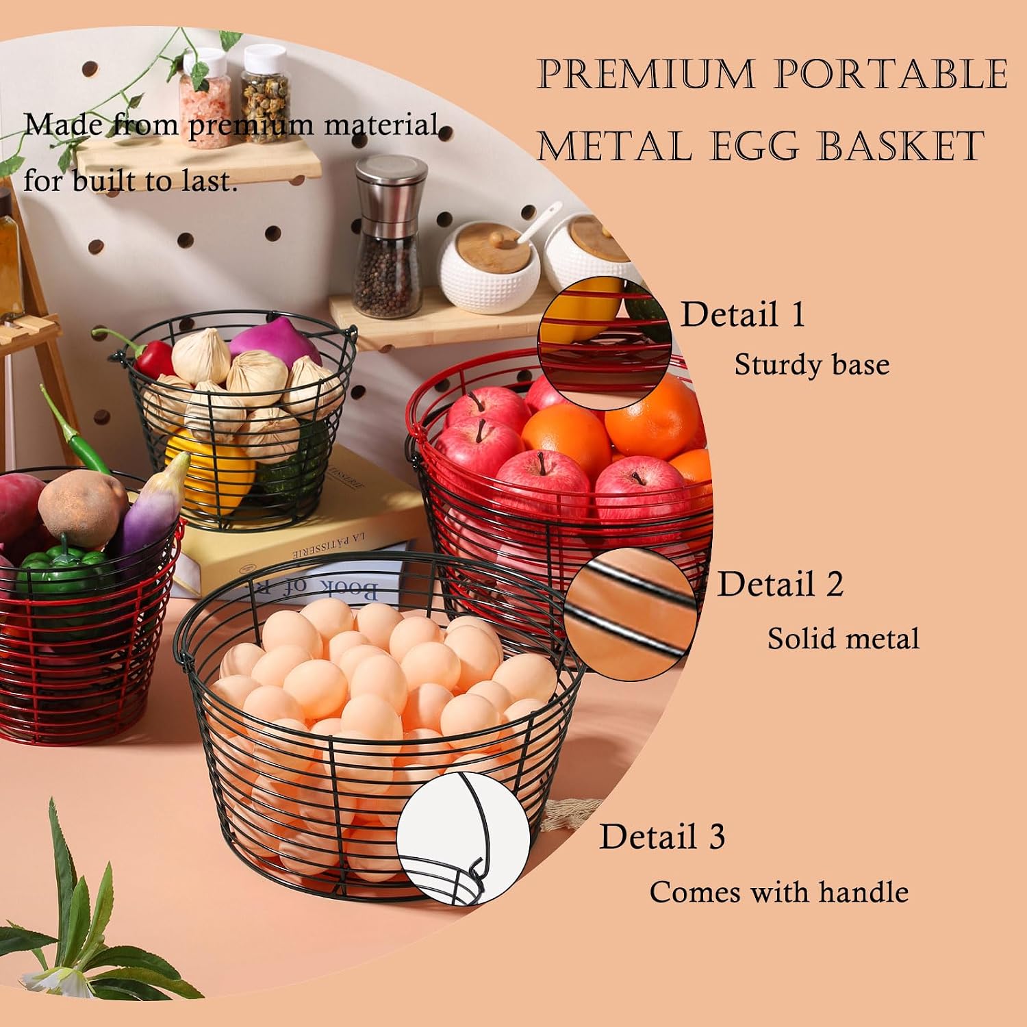 Colorful Metal Mesh Wire Egg Collecting Basket with Handle Portable Garden Vegetable Fruit Storage Lightweight Hanging Collector for Farmhouse Gathering Kitchen Picnic (Black, Normal - 8")