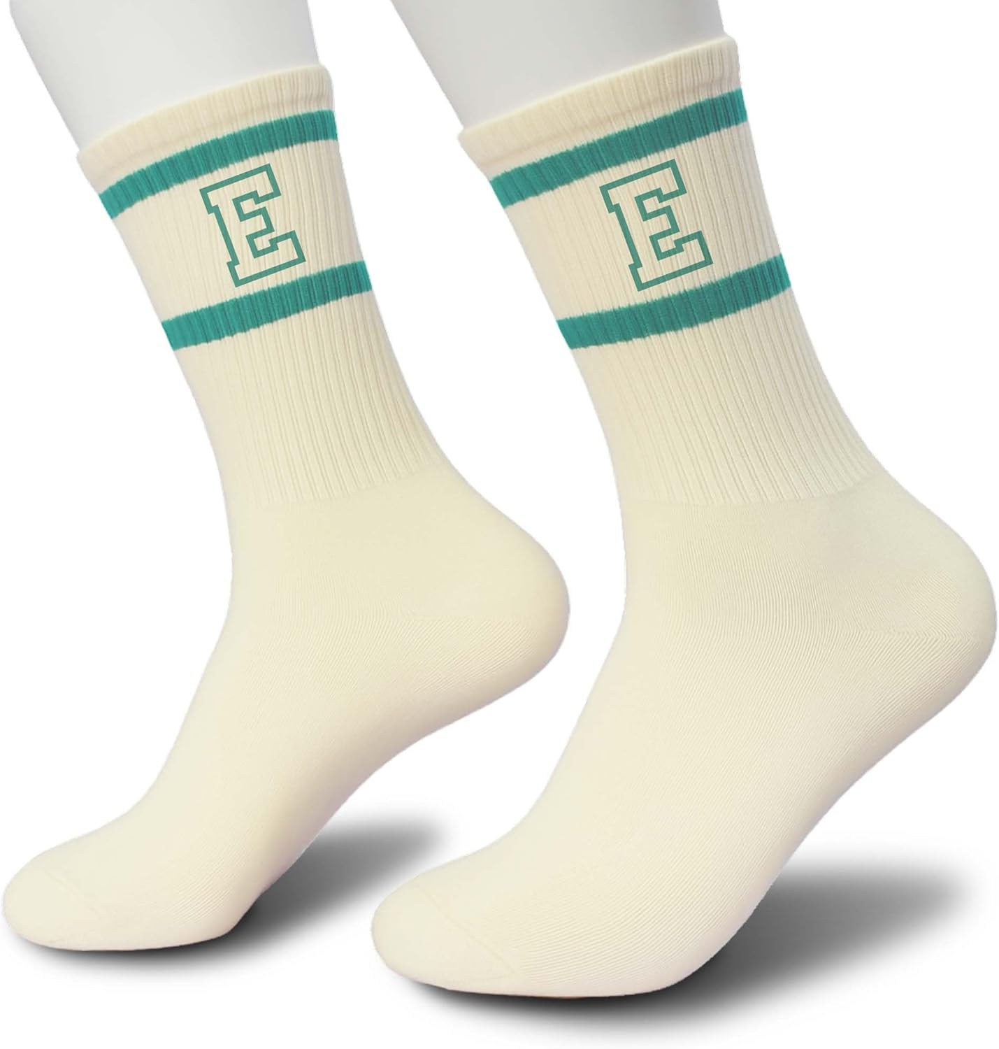 Forest Green and White Striped Crew Socks with the Letter， Classic Varsity Sports Style Monogram Socks - Image 3