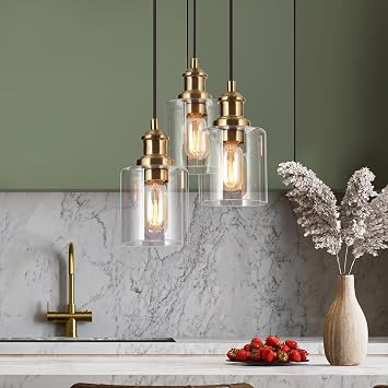 LALUZ Modern 3-Light Black Gold Cluster Chandelier, DIY Adjustable Electroplated Brass Clear Glass Pendant Light Fixture for Kitchen Island, Dining Room, or Entryway