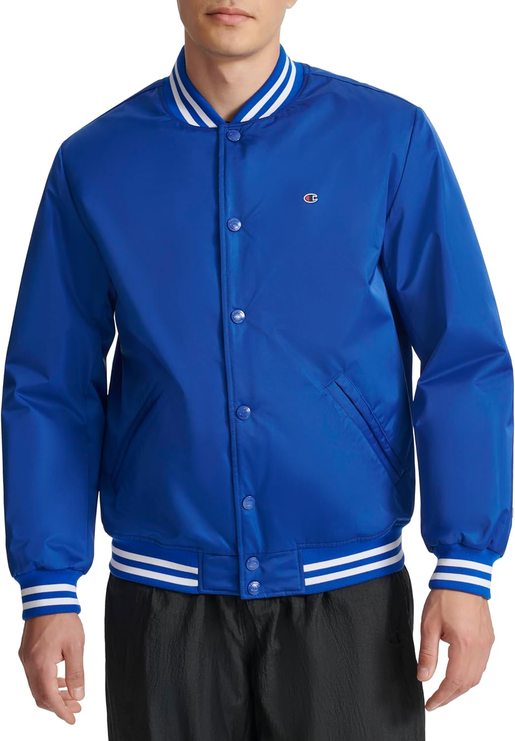 Champion Men's Logo Striped-Trim Varsity Jacket - Retro Bomber with Snap Closure, Pockets & Rib Knit