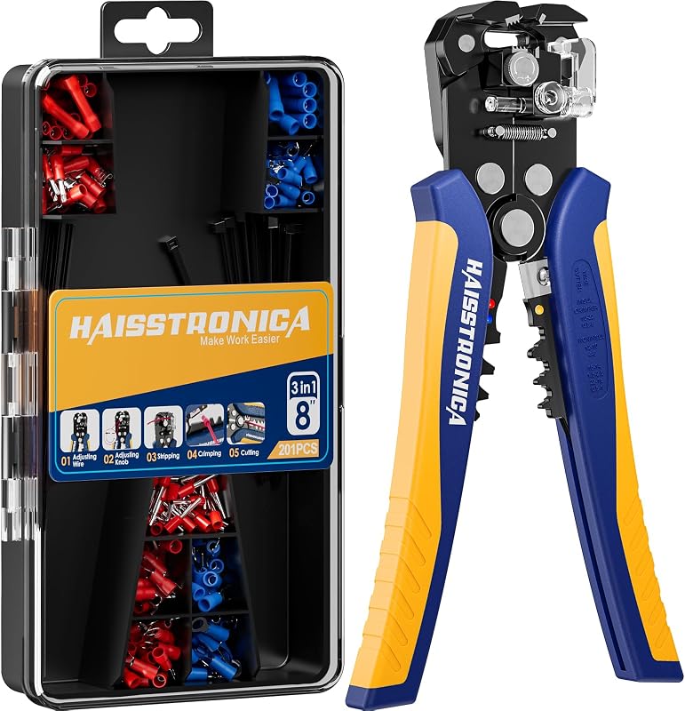 haisstronica 201PCS Wire Stripper Kit - Automatic Wire Stripping Tool for AWG 24-10 Cables with Insulated Terminals, Self Adjusting Universal Wire strippers and Crimpers for Electrical Work | 170 insulated terminals, 30 zip ties, copper and aluminum wire, beginner setup, Electronics Repairs