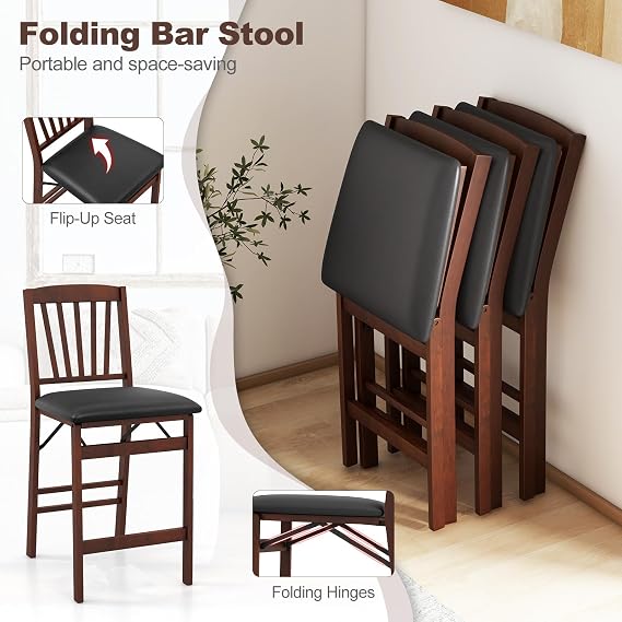 COSTWAY Set of 2 Counter Height Chairs, 24.5 Bar Stools Set, Folding Kitchen Island Stool with Padded Seat, Footrest & Rubber Wood Legs, No Assembly Needed, Portable Bar Chair for Dining Room