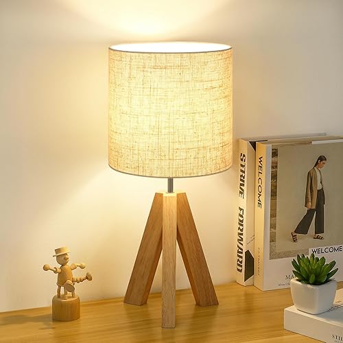 Small Table Lamp, Wooden Tripod Nightstand Lamp with Linen Fabric
