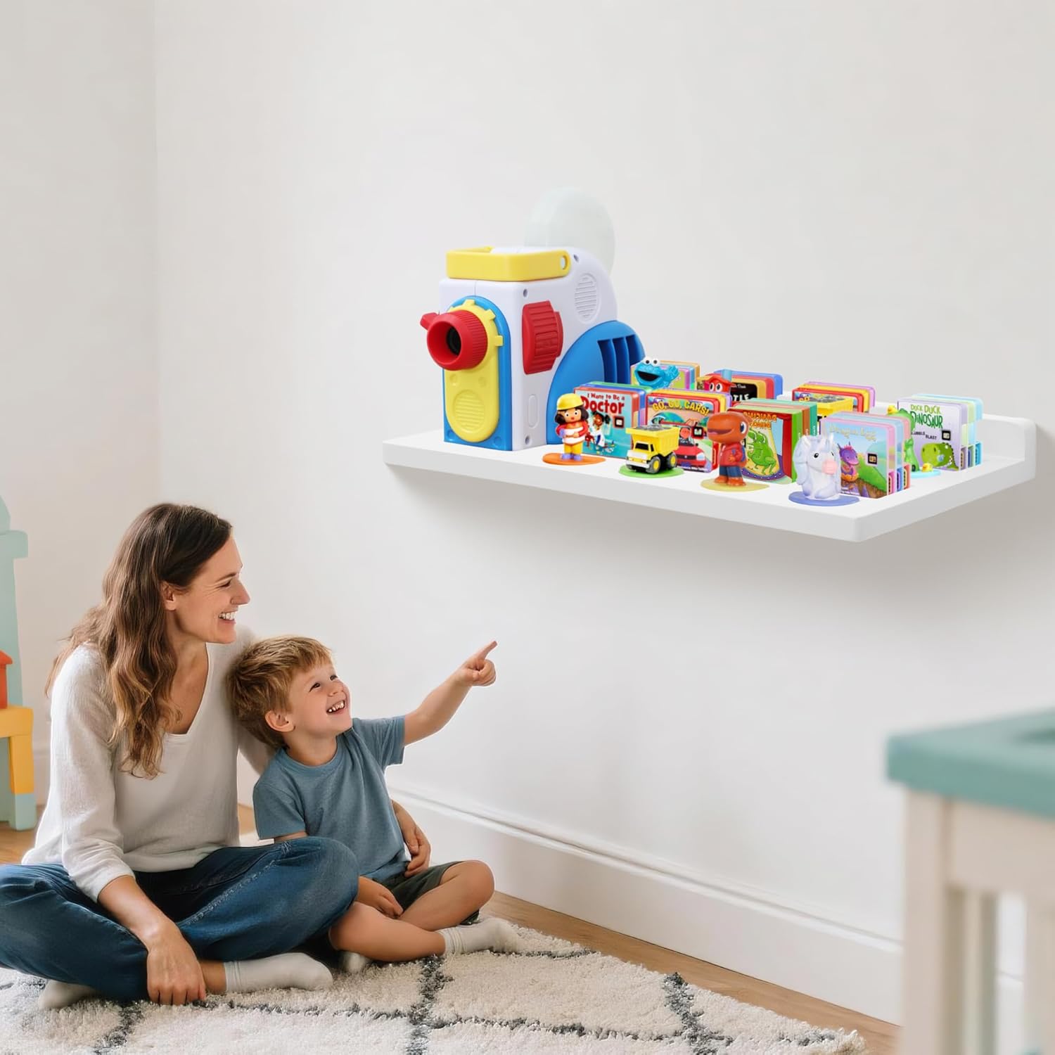 PHOENANCEE Floating Shelves for Little Tikes Story Dream Machine,Wall Shelf for Little Tikes Projector Books Audio Play Character Storage Tray Organizer for Toddlers and Kids Girls Boys,Oak(White)
