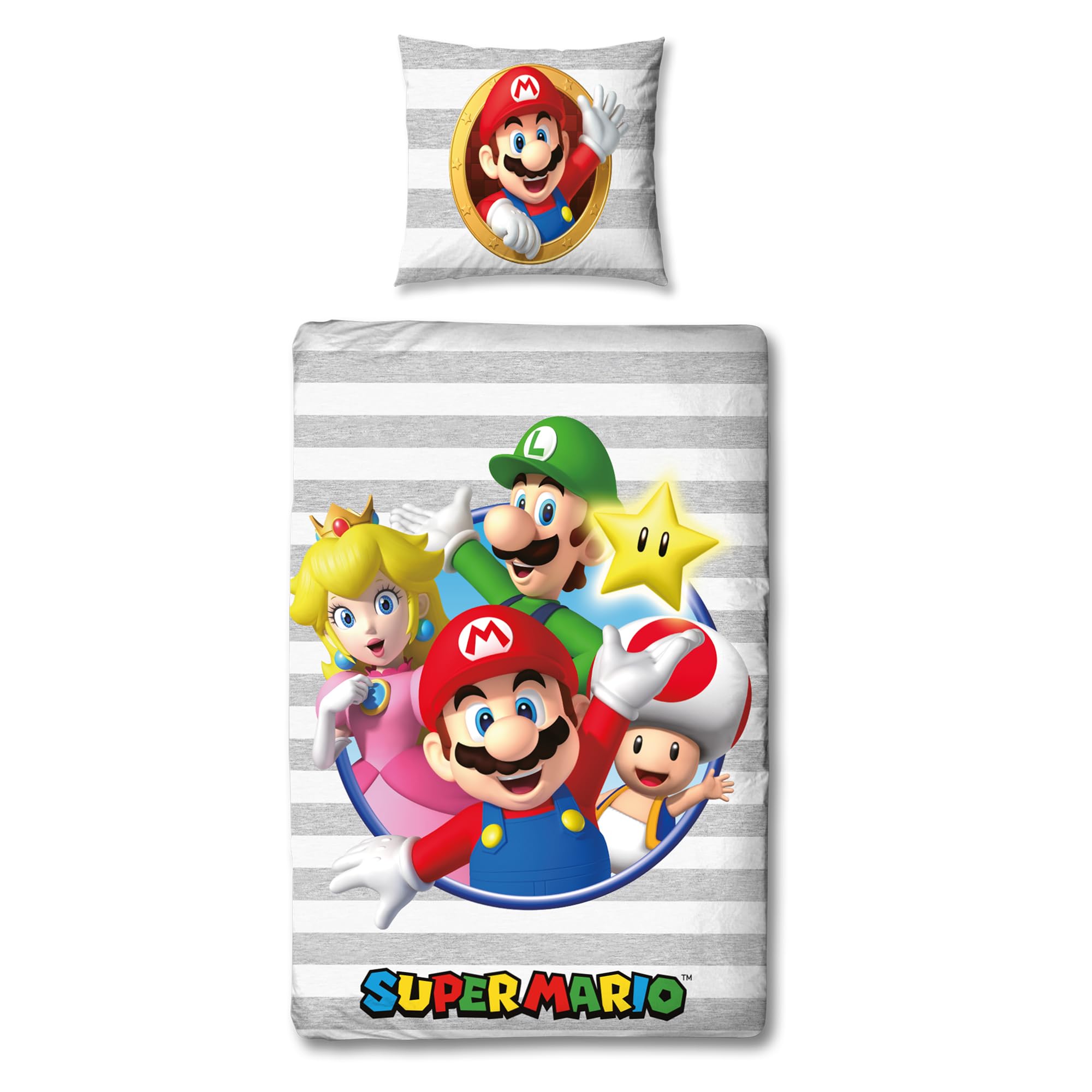 Set di biancheria da letto double-face per bambini, motivo Super Mario, 135 x 200 cm, 80 x 80 cm, 100% cotone, con chiusura lampo, in linone