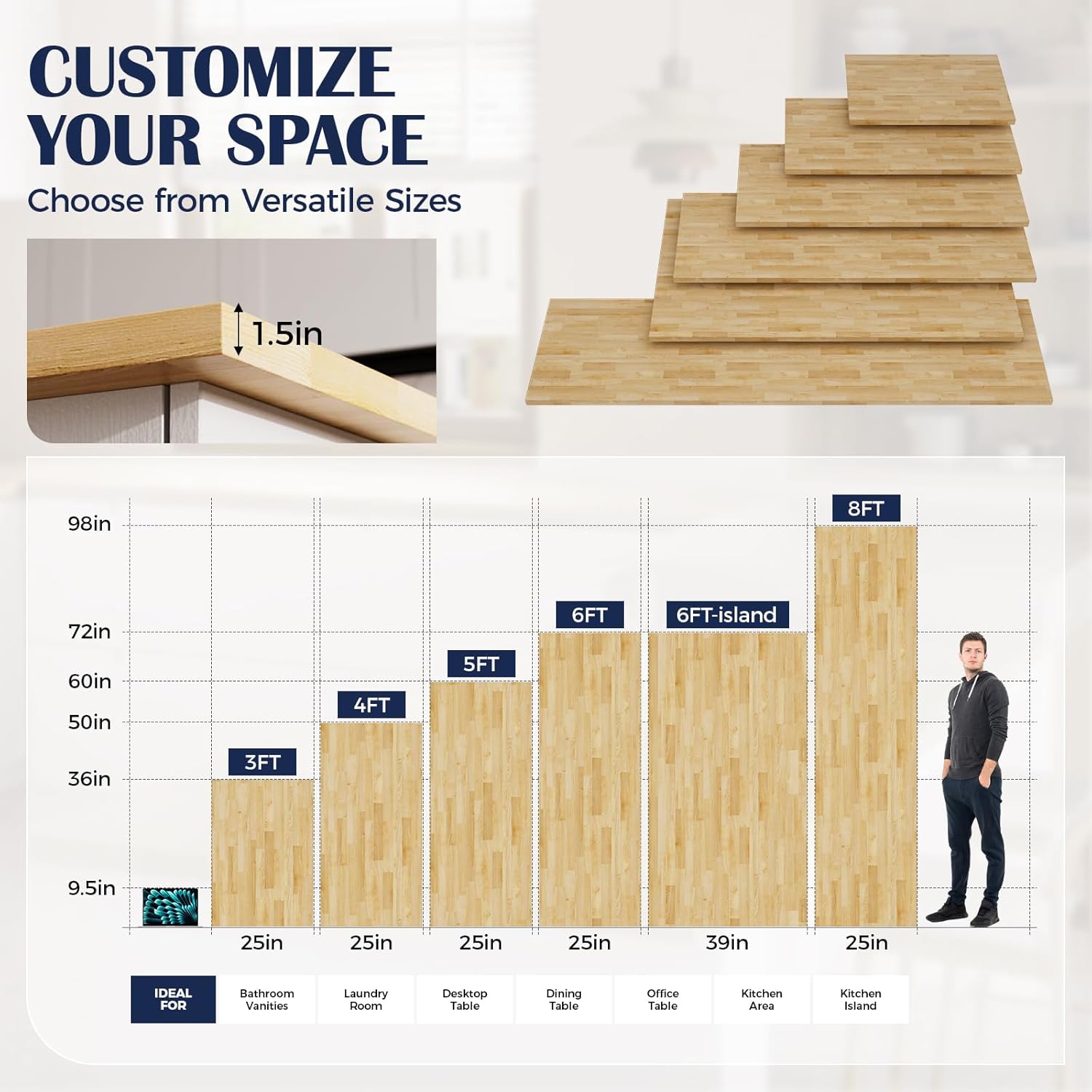 solid wood butcher block countertop - unfinished birch slab counter top wooden table top for diy kitchen island, workbench, washer dryer, coffee bar table, 72"x25"x1.5", 6ft 72"l x 25"w