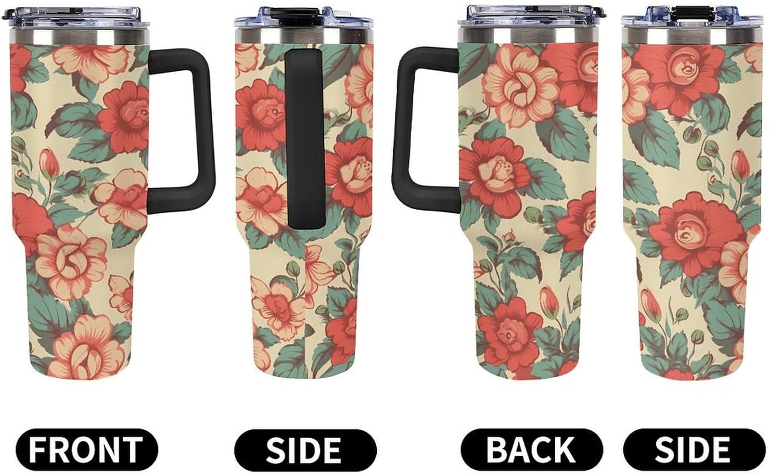 Large Car Cup with Handle&Lid Fashion Retro Flower Tumbler Sturdy Insulated Water Bottle Stainless Steel Vacuum Travel Mug Portable Coffee Cup for Home Outdoor 40 Oz Black-style