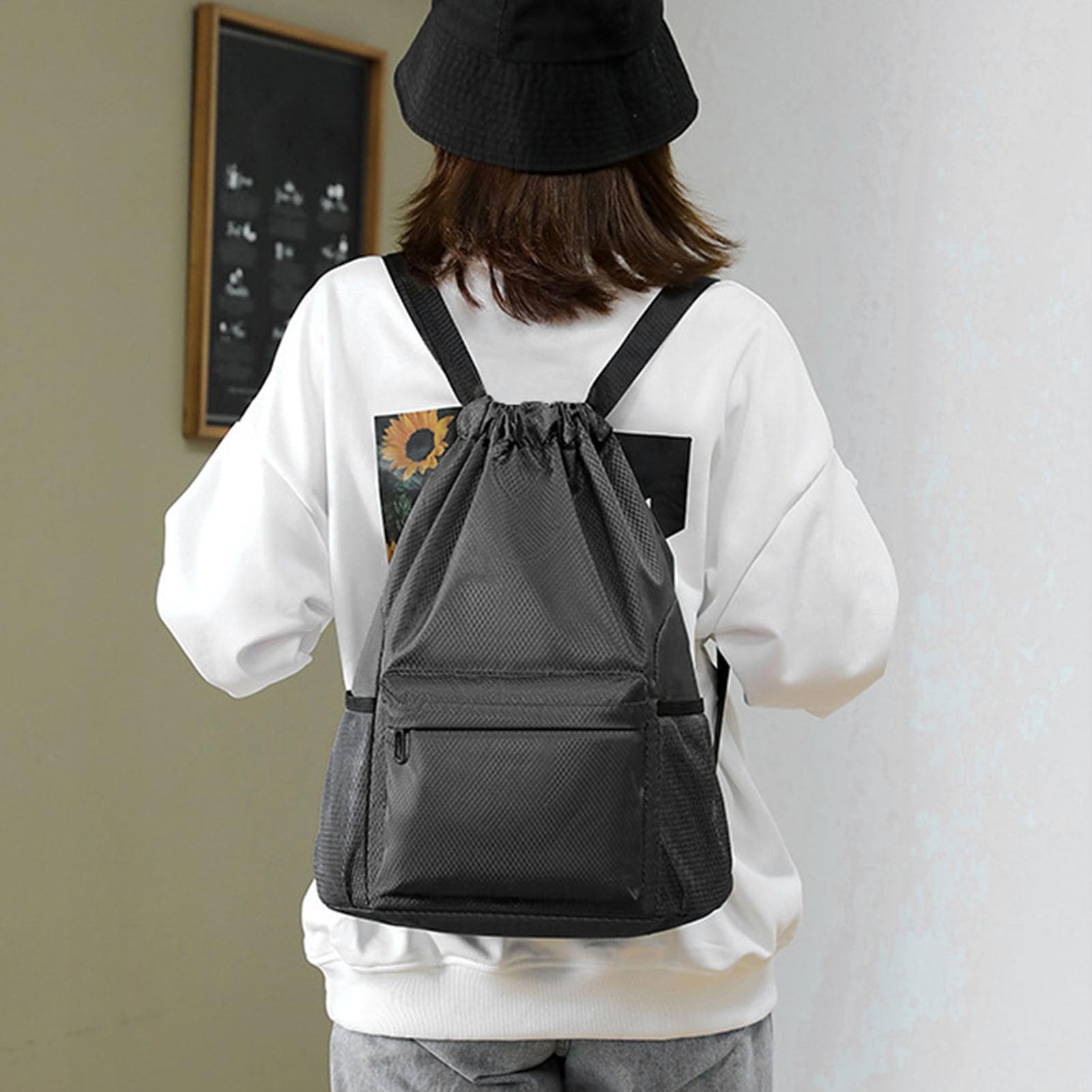 Sonew Worek ze sznurkiem, worek ze sznurkiem, wodoszczelny, mini torba sportowa Oxford, do treningu na świeżym powietrzu, fitnessu (czarna), czarny, sport