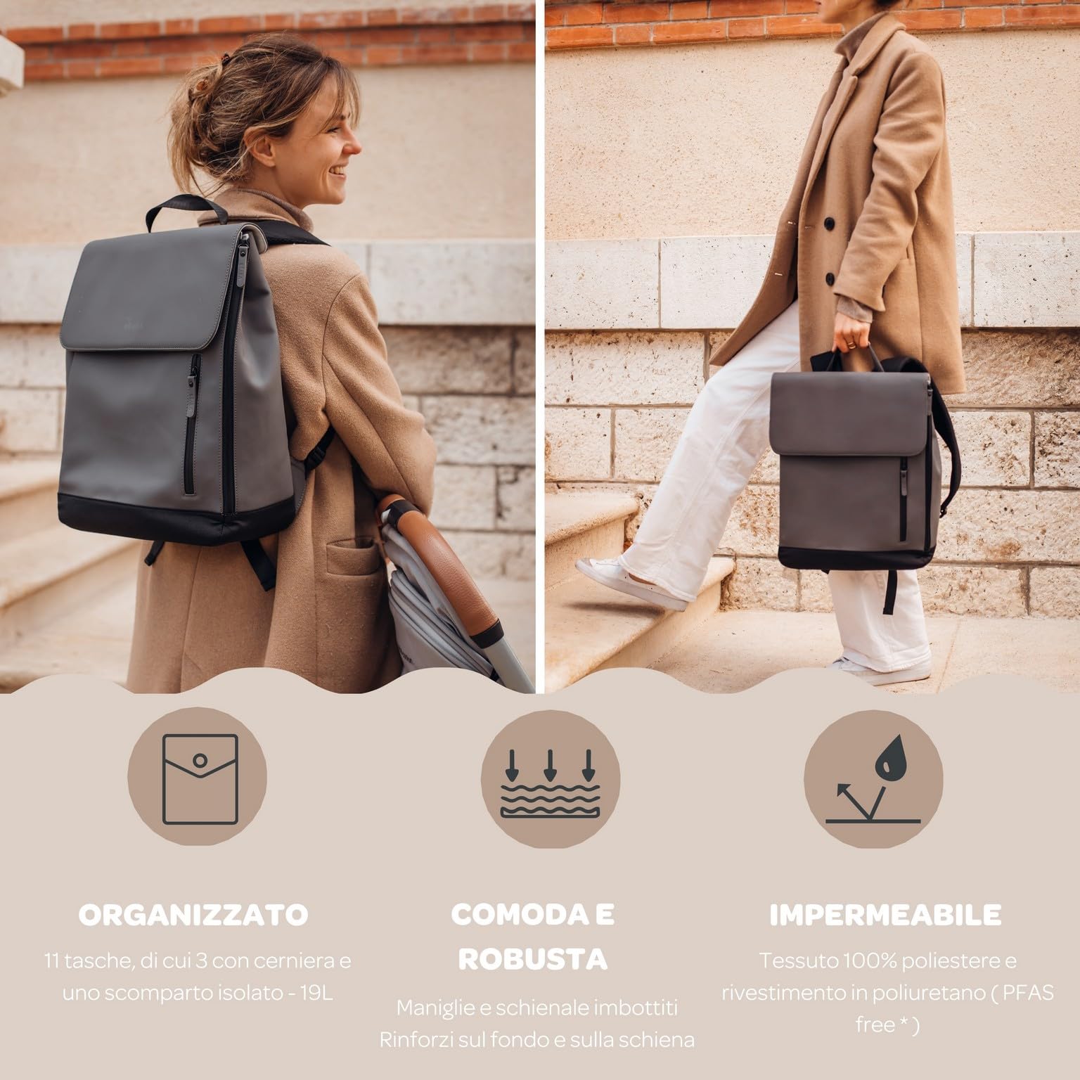 BÉABA, Borsa Fasciatoio, Zaino, Impermeabile, 11 tasche, Fasciatoio, Gomma riciclata, Traspirante, Manici e Schienale Imbottiti, Tasca Ssolante, PC17 pollici, 19L, Borsa Oslo, Antracite