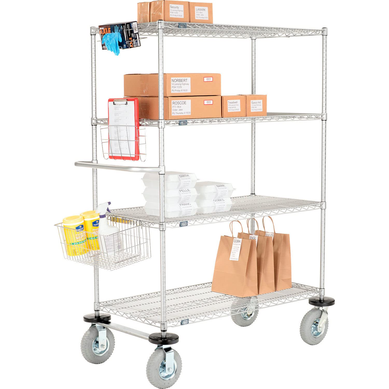 Nexelate Curbside Wire Truck w/4 Shelves & Pneumatic Casters – Steel, Silver, Model CS21364EPP