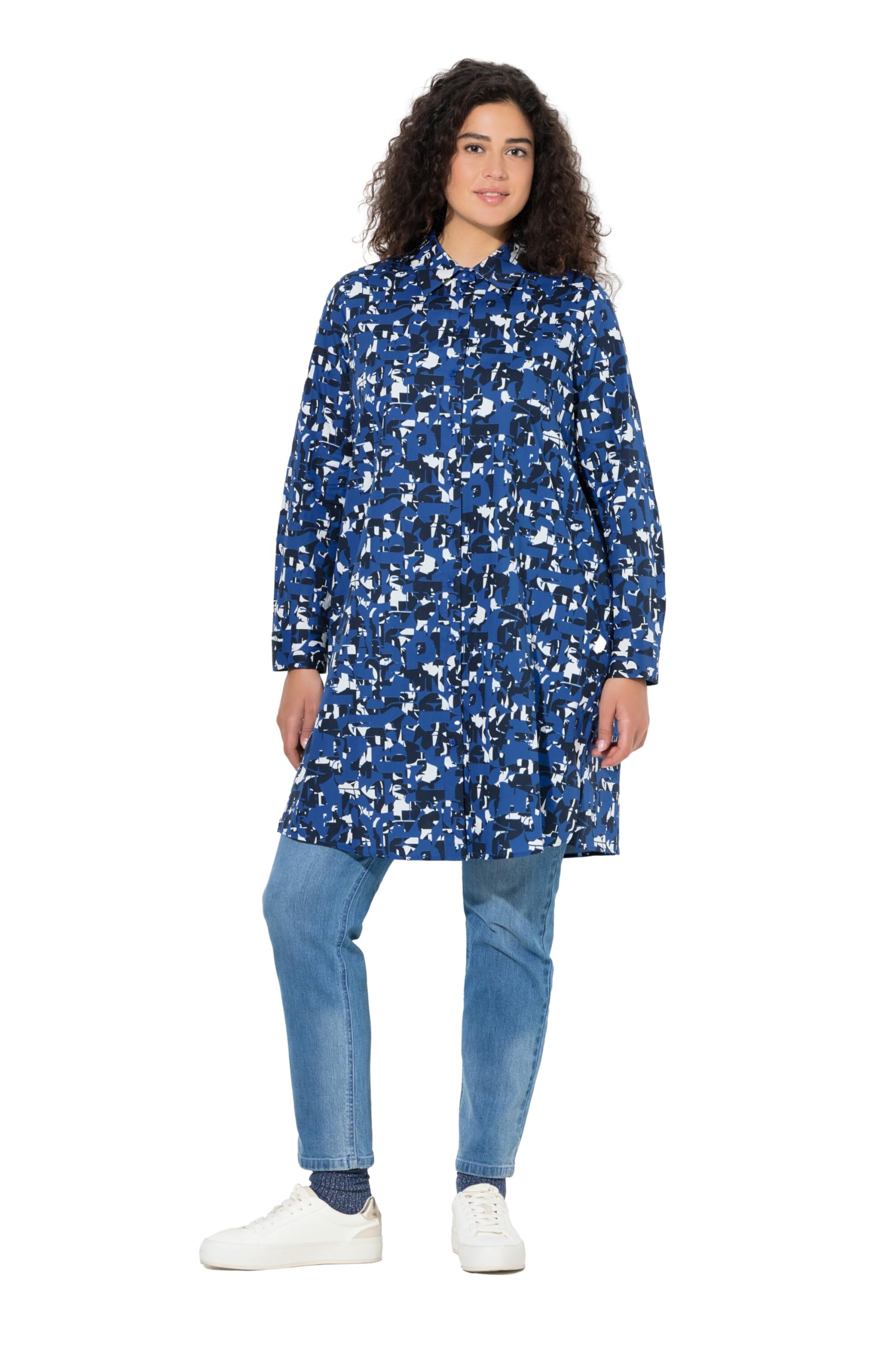 Ulla Popken Damen große Größen Übergrößen Plus Size Longbluse, Buchstaben, A-Linie, Hemdkragen, Langarm 844574