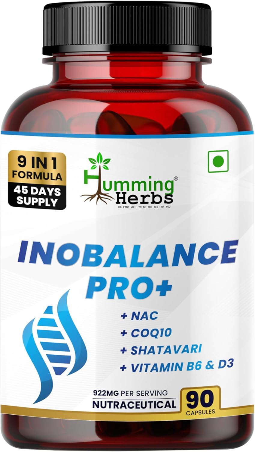 Humming Herbs INOBALANCE PRO+ Myo-Inositol with NAC, CoQ10, Shatavari, Zinc, Vitamin B6 & D3, 922 mg per Serving - 90 Capsules (45 Days) - Cellular & Antioxidant Support