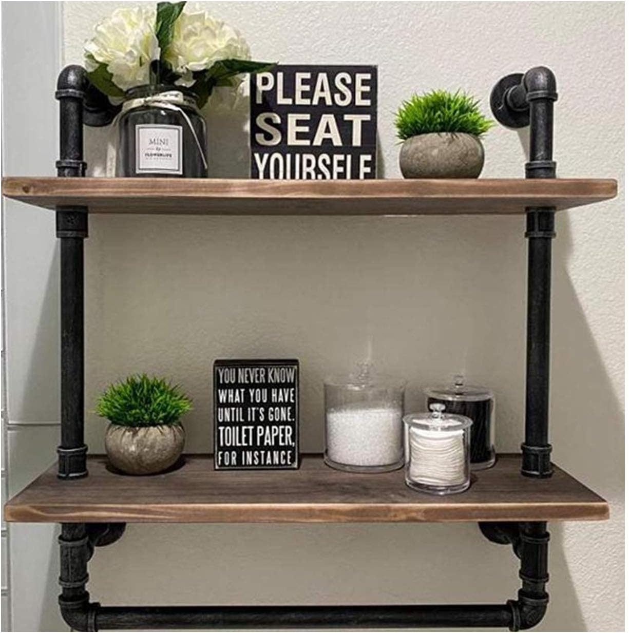 RUYEE Industrial Bathroom Shelves Wall Mounted 2 Tiered with Towel Bar, Farmhouse Towel Racks, Metal Floating Shelves Towel Holder, Rustic Pipe Shelving, Iron Distressed Wood Shelf Over Toilet, 24in