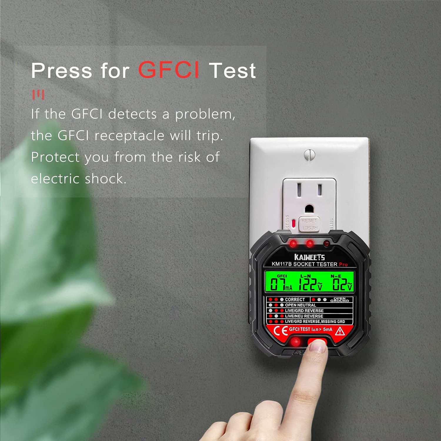 KAIWEETS Outlet Tester Electrical GFCI Receptacle Detector with LCD Display, 3 Prong 120V AC Voltage Socket Checker, 6 Visual Indication/Wiring Legend for Home