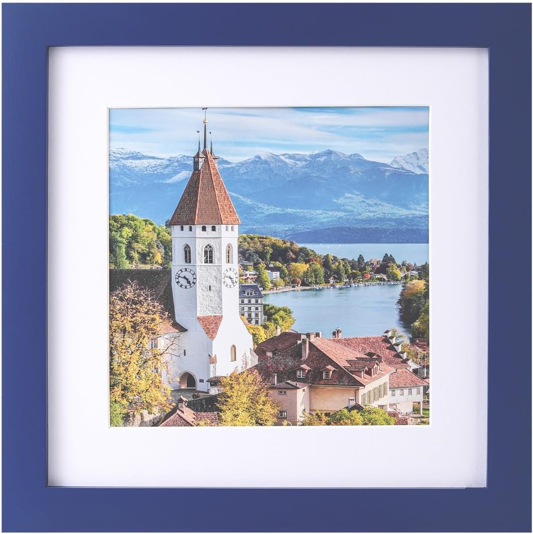 8x8 Picture Frame Made of Solid Wood Photo Frame with Shatter Resistant Plexiglass, Display Pictures 6x6 with Mat or 8 x 8 Without Mat For Tabletop Display or Wall Mount, Dark Blue 1 Pack