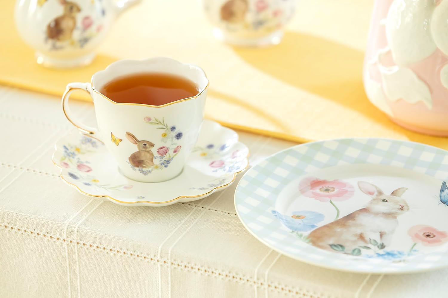 Meadow Bunny Tea Cup and Saucer with Gold Trim, Spring Easter Bunny Floral and Butterfly Tea Cup and Saucer Set