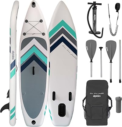 ALPIDEX Stand Up Paddle Set SUP 305 x 76 x 15 cm Belastbar bis 150 kg Aufblasbar Stabil Leicht Komplett Set Tragetasche Paddel Finnen Luftpumpe Leash Repair Kit