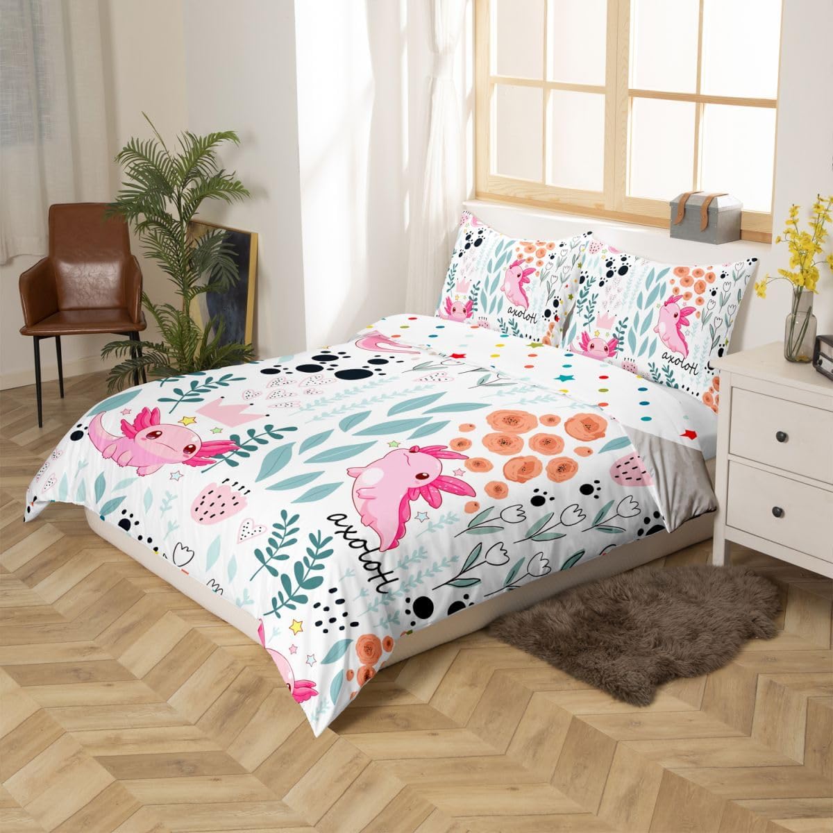 Erosebridal Kawaii Axolotl Bedding Set,Cartoon Axolotl Duvet Cover Twin,Cute Love Heart Leaf Flower Comforter Cover for Kids Girls Boys,Paw Print Animals Bed Set with 1 Pillow Case