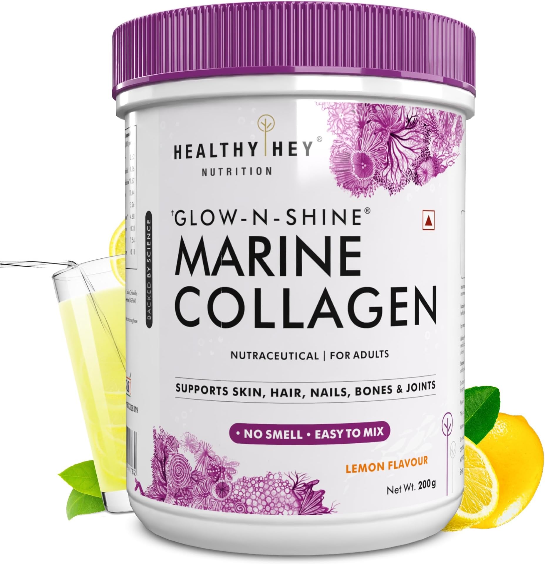 HealthyHey Glow-n-Shine® Marine Collagen Powder - Hydrolyzed | Type 1 Collagen Protein Supplement with Hyaluronic Acid | Amino Acids for Skin, Hair, Nails (Lemon,200g)