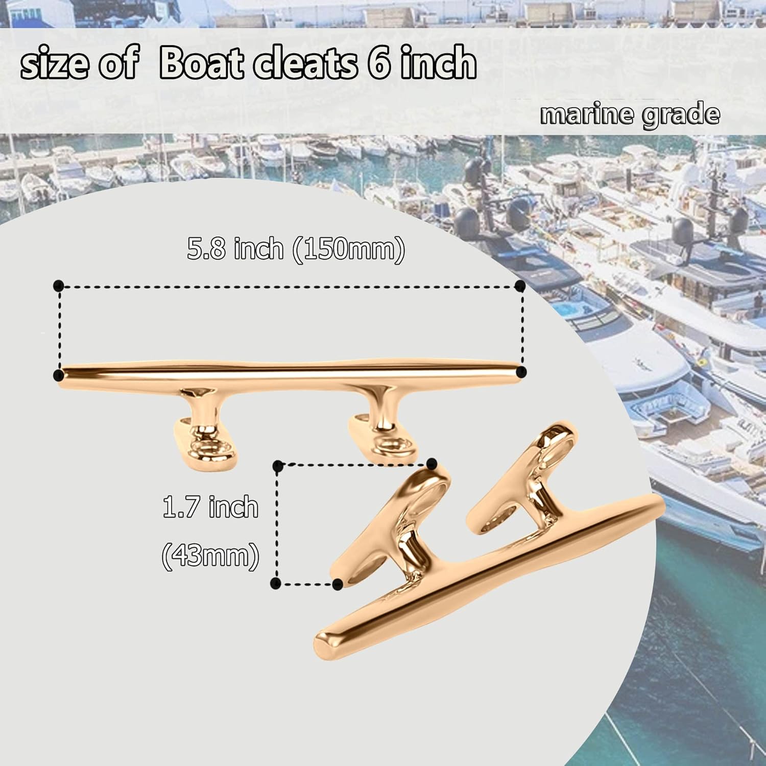 Brass Boat Cleats 6 inch Brass Cleat,Cleat,Copper Plated Dock Boats,Golden Color Boat Cleats for Mooring Boat,Marine or Decorative Applications,Hooks,Handle,Pack of 2