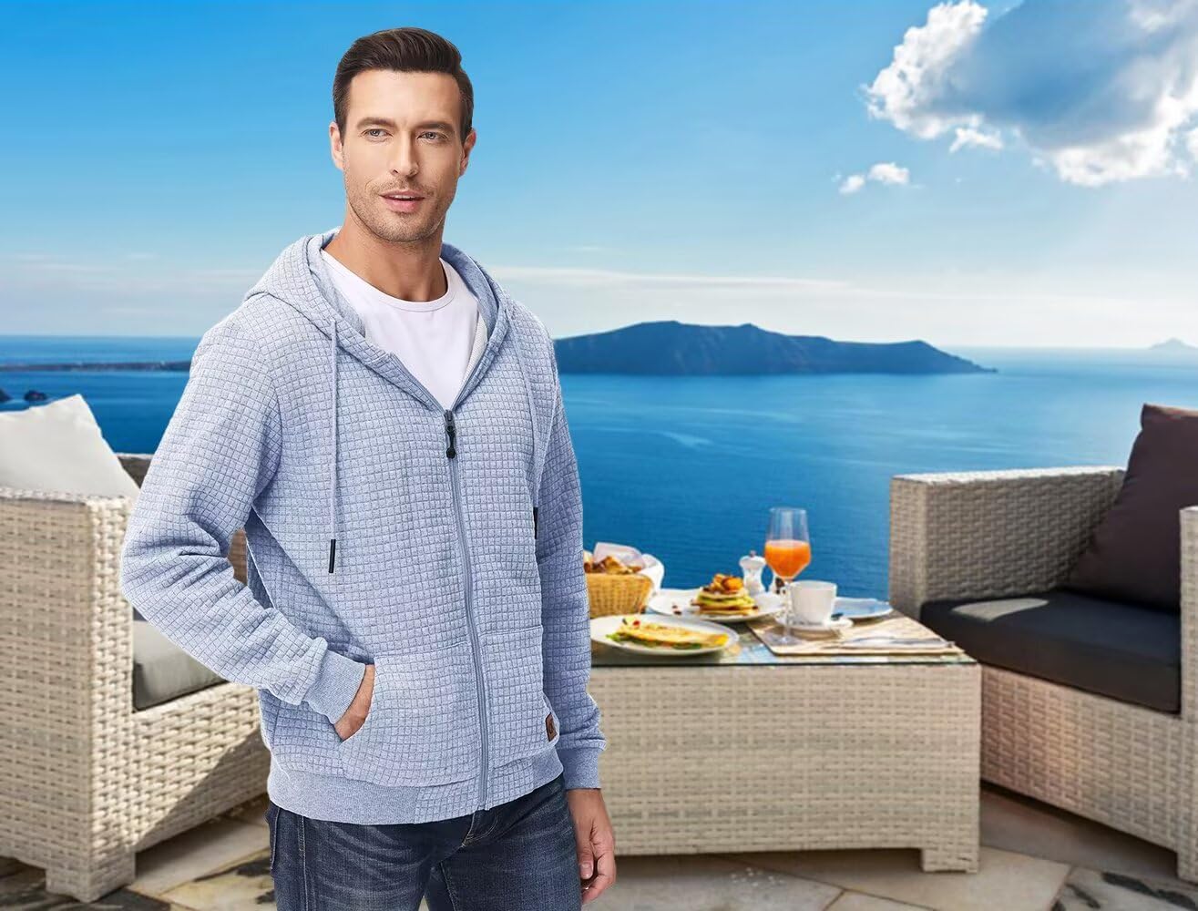 Satankud Men's Jacquard PlaidCloth Lightweight Zipper Hoodie Sweatshirt Jacket - Image 2