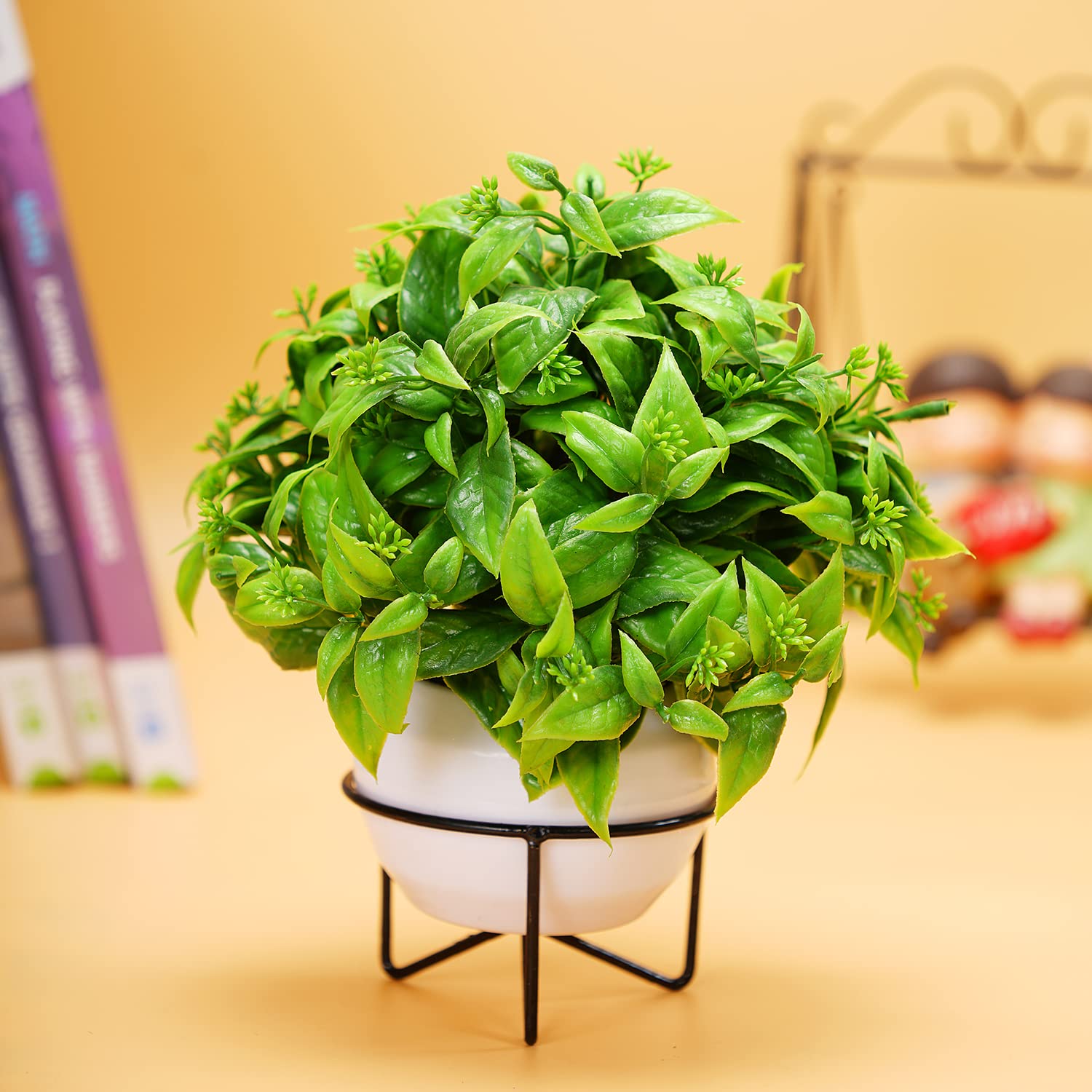 DekorlyArtificial Green Wild Bonsai Plants with Vintage Metal Stand for Home Decor and Gifting