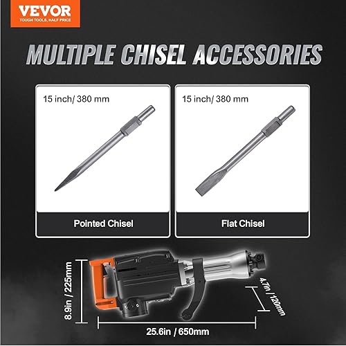Miniatura 9 de VEVOR Demolition Jack Hammer, MAX 2200W martillo eléctrico resistente, 1350 BPM interruptor de hormigón 2 piezas cinceles bits astillado con funda,