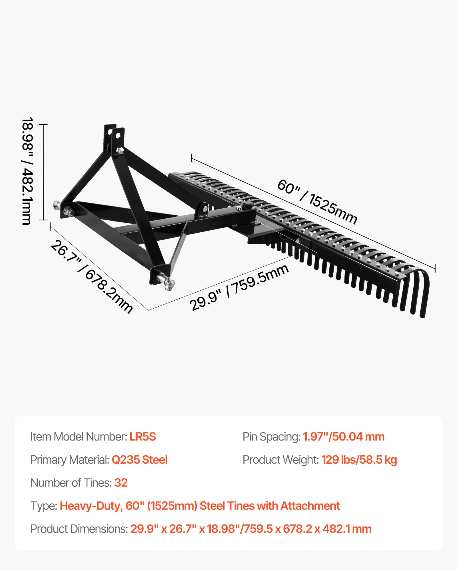 VEVOR Grabie do traktora trawnikowego 1525 mm z 32 stalowymi zębami, 3-punktowa grabie do holowania krajobrazu z przyłączami do ciągnika, do ogrodu, farmy, trawy
