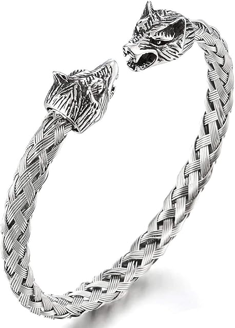OIDEA Men's Wolf Head Dragon Bracelet Stainless Steel Open Punk Rock Viking Style Double Wolf Opposite Hammer Lion Head Leather Braided Curb Chain Bangle Men's Bracelet Silver/Gold/Black