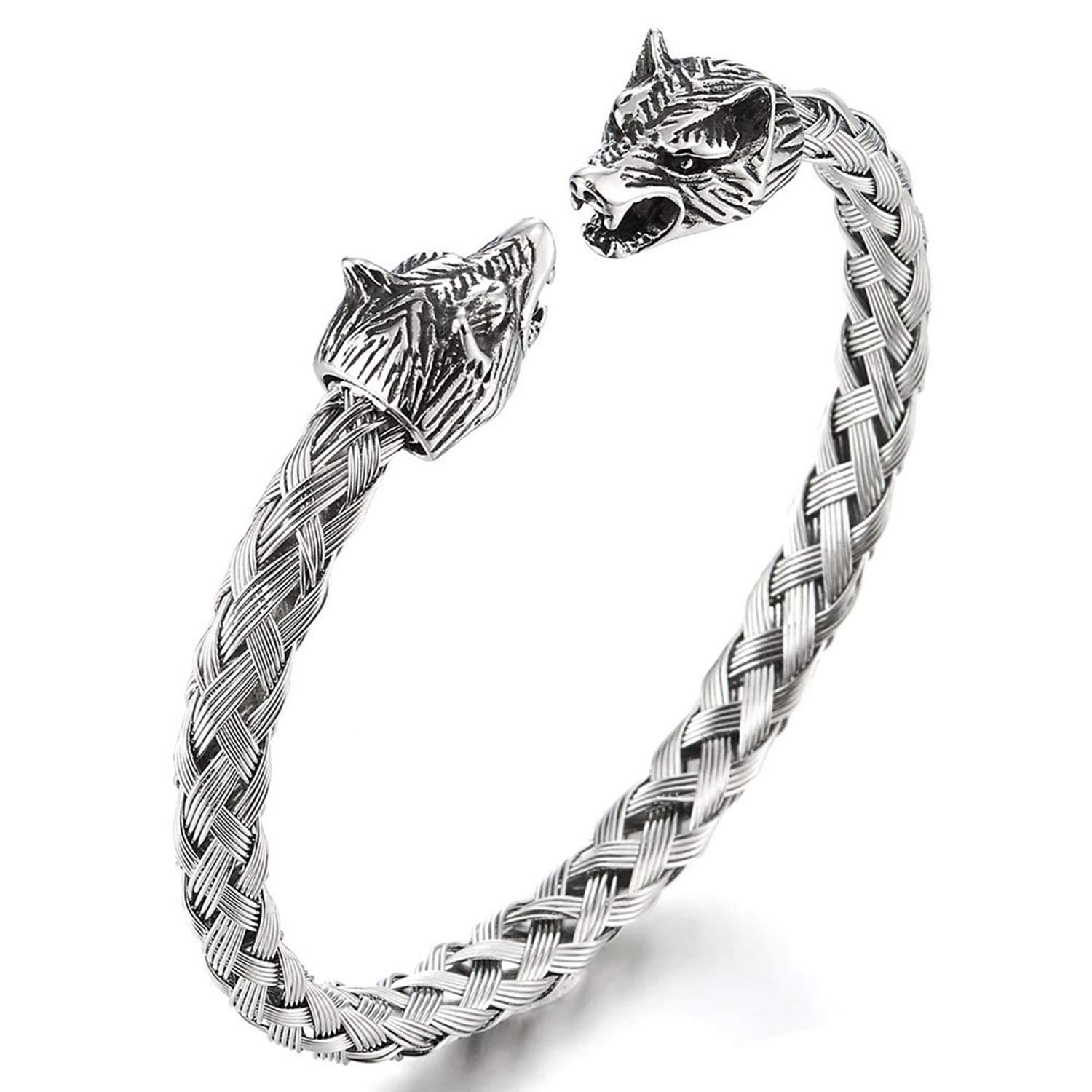 JewelryWe Open Punk Herenarmband, wolfskop, roestvrij staal, veelkleurig geschenk, armband van gevlochten koord, Roestvrij staal