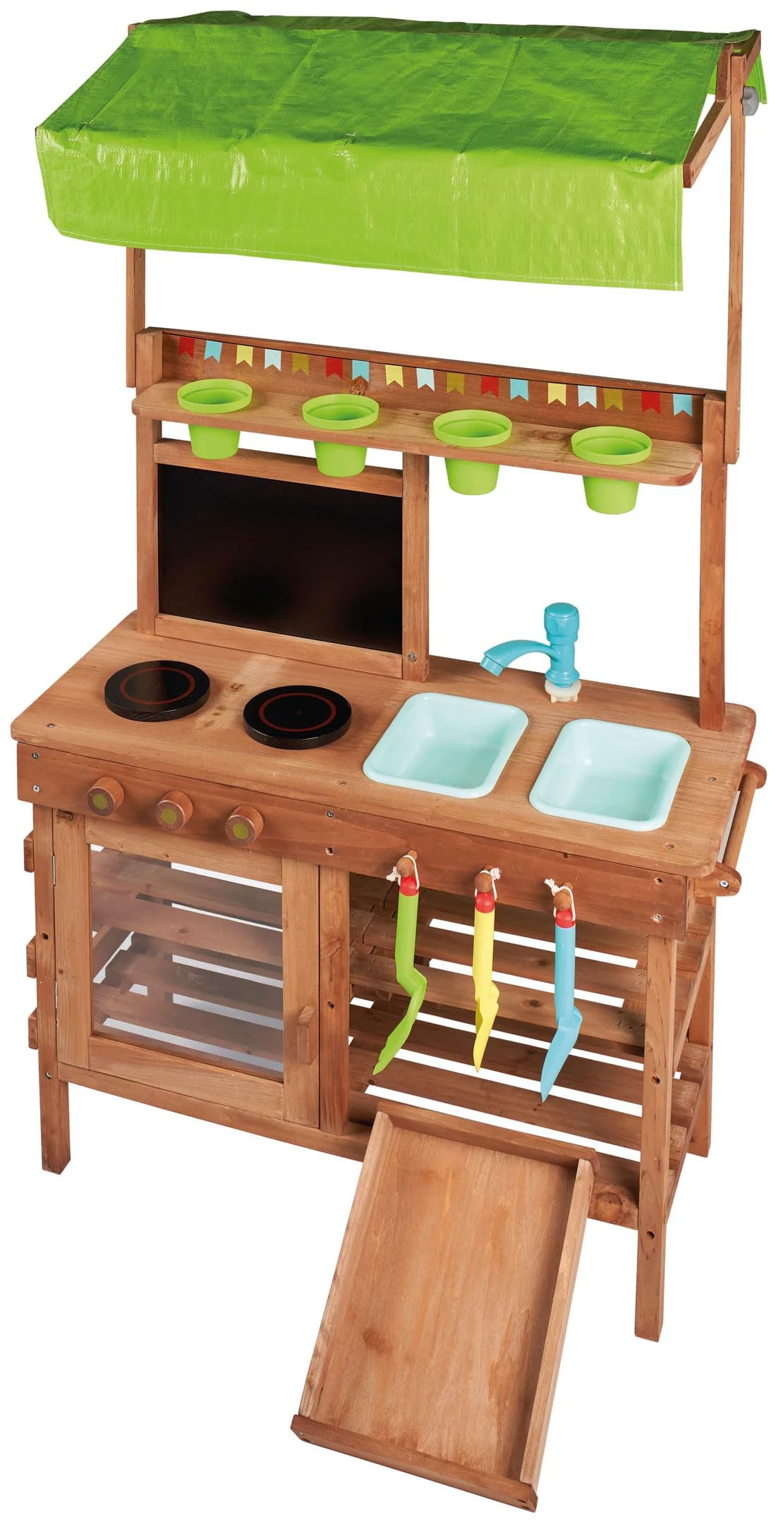 Matschküche Outdoor Küche Deluxe aus Holz Spielküche mit Wasserhahn Dach