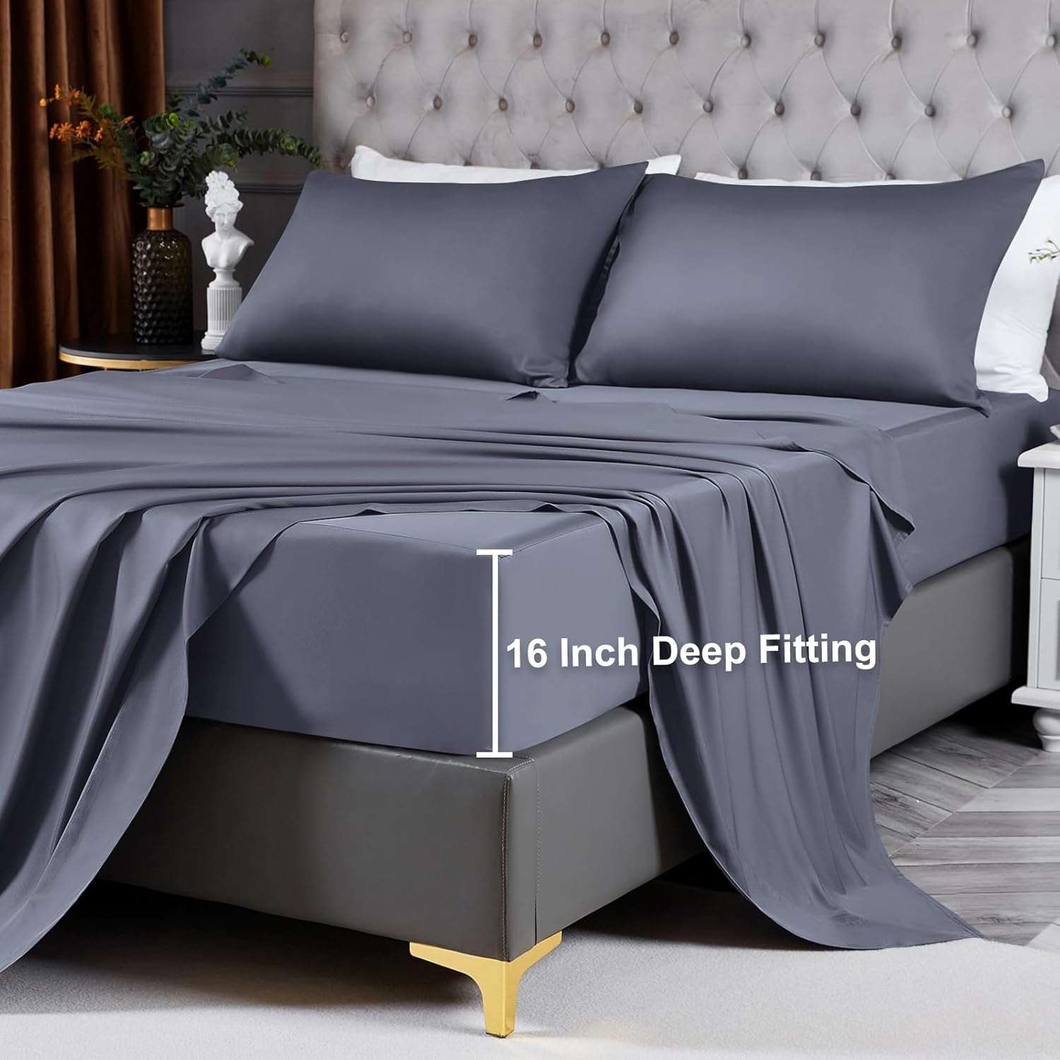 100% Viscose Derived from Bamboo Sheets for Hot Sleepers, 400 Thread Count, 16" Deep Pocket, Silky Soft, Cooling and Breathable, King, Dark Gray