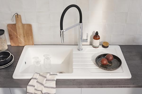 Jacob Delafon - Évier de cuisine à encastrer Camille - 1 bac + 1 égoutoir - Céramique recyclée - Réversible - Compatible meuble >=60cm - 100x50x22,3 cm - Blanc - ESB03-00 - 2