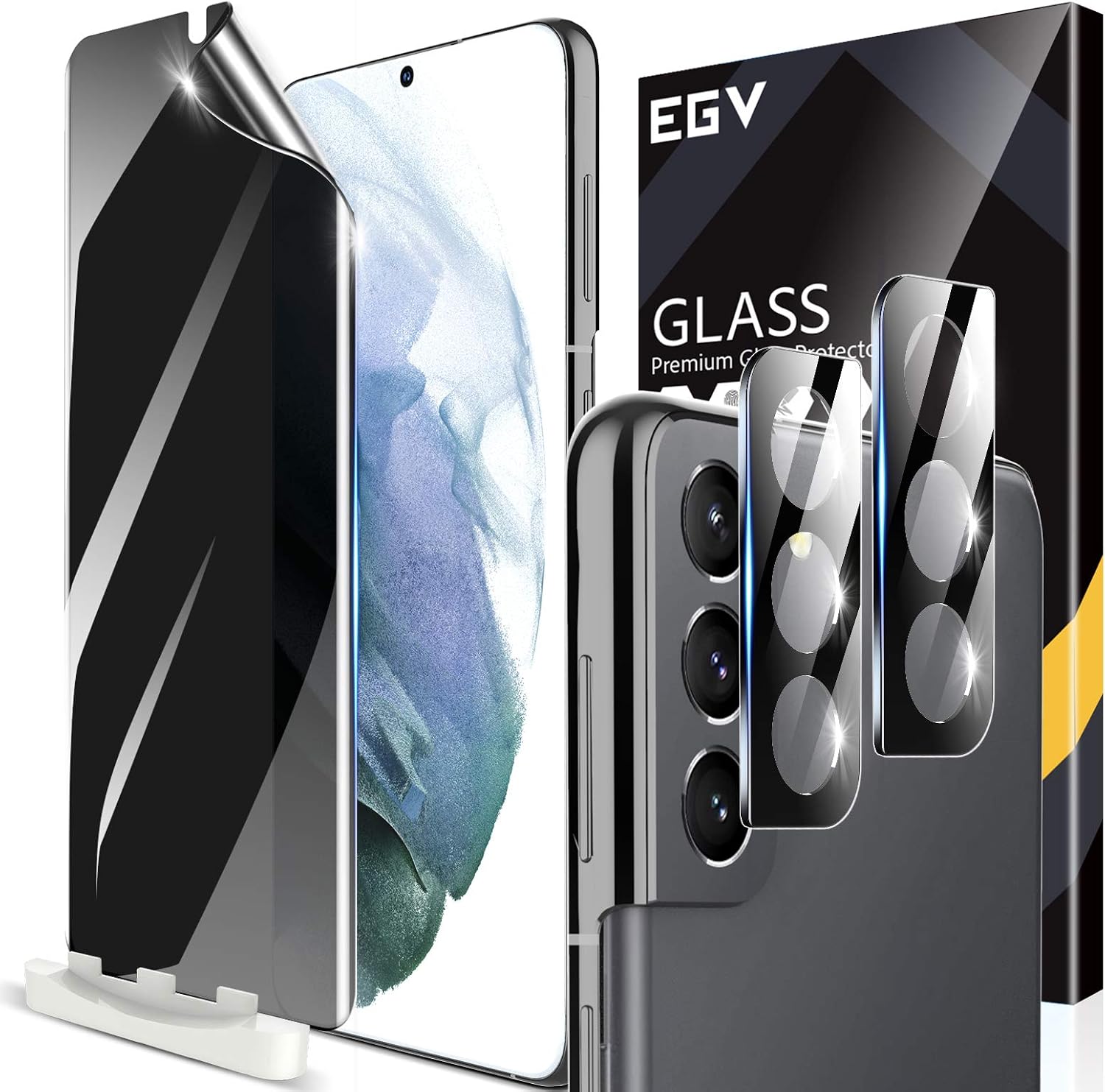 EGV 3 Pack 1pcs Privacy TPU Screen Protector and 2pcs Camera Lens Protector Compatible with Samsung Galaxy S21 6.2-inch 5G, Anti-Spy, Positioning Tool, Support Ultrasonic Fingerprint, Case Friendly
