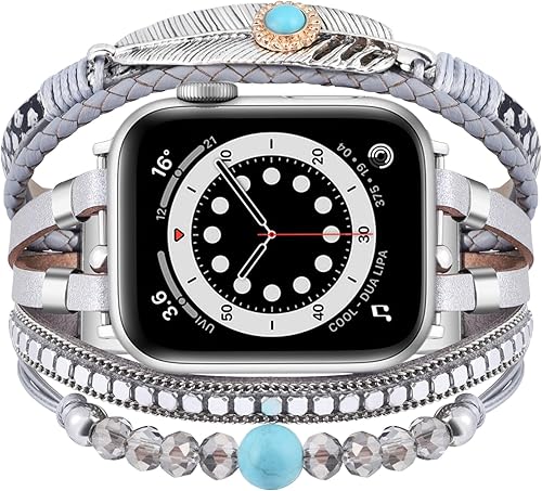 Vista 86 de VISOOM Beaded Boho Bracelet Compatible for Apple Watch Band 40mm/38mm/41mm/42mm iWatch Series 10 9 8 7 SE 6/5/4 Women Leather Fashion Cute Handmade
