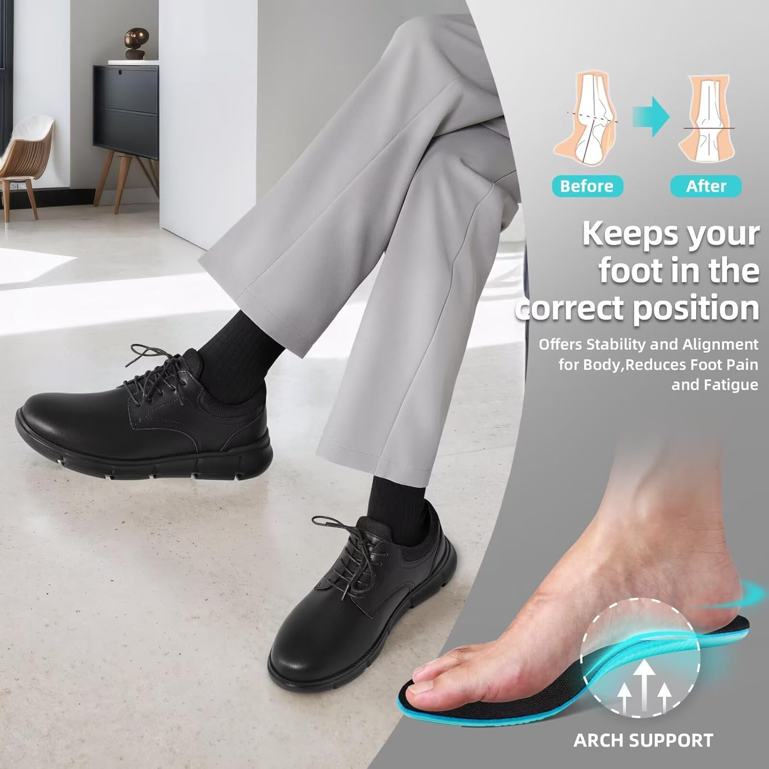 Mens Orthopedic Wide Business Leather Dress Shoes - Arch Support Plantar Fasciitis Classic Oxford - Comfortable Cap Toe Orthotics Patent Tuxedo Sneakers for Foot and Heel Pain Relief - Image 6