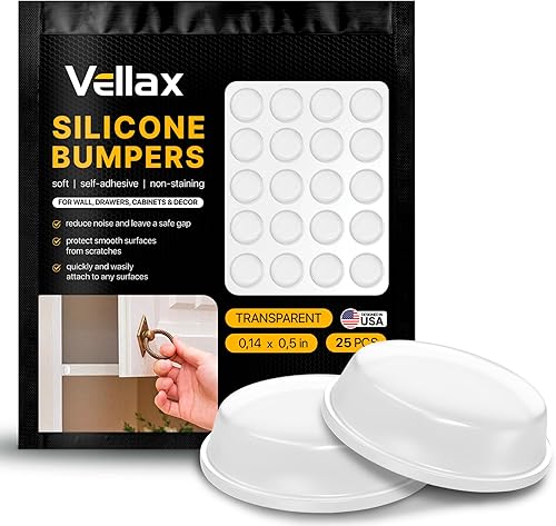 Vellax Parachoques autoadhesivos para puerta de gabinete, 25 piezas de parachoques de goma de silicona transparente que amortiguan el sonido,
