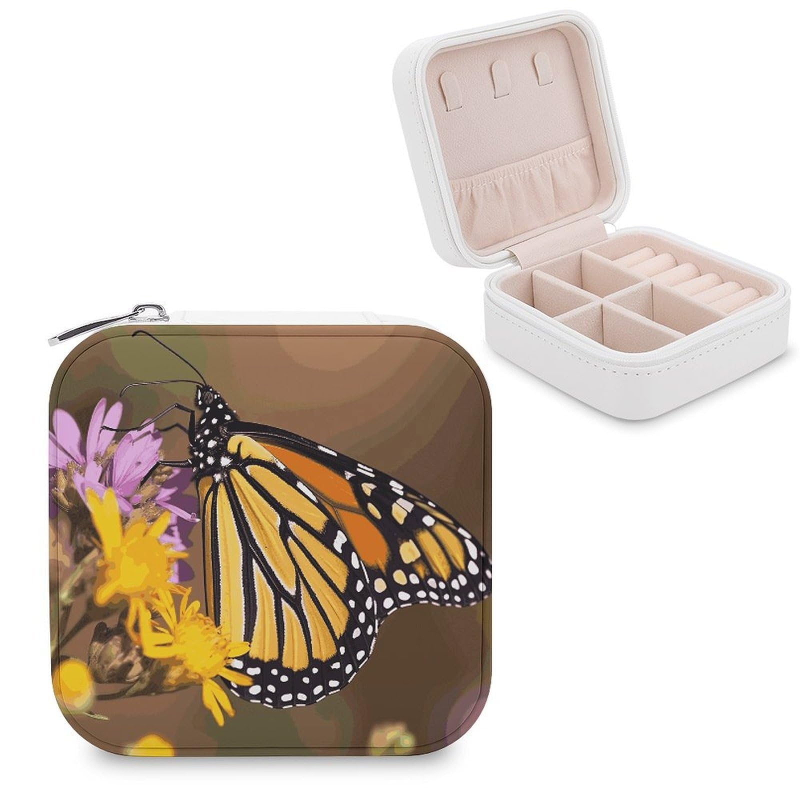 MUSM Monarch Butterfly Travel Jewelry Case Personalized PU Leather Jewelry Boxes for Women Small Portable Jewelry Organizer Box Cute Trinket Box for Necklaces Rings Earrings & Gifts