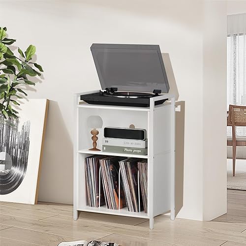 Miniatura 17 de YAHARBO Soporte para tocadiscos, soporte para discos de vinilo de 3 estantes con almacenamiento, soporte para discos blanco, soporte para tocadiscos