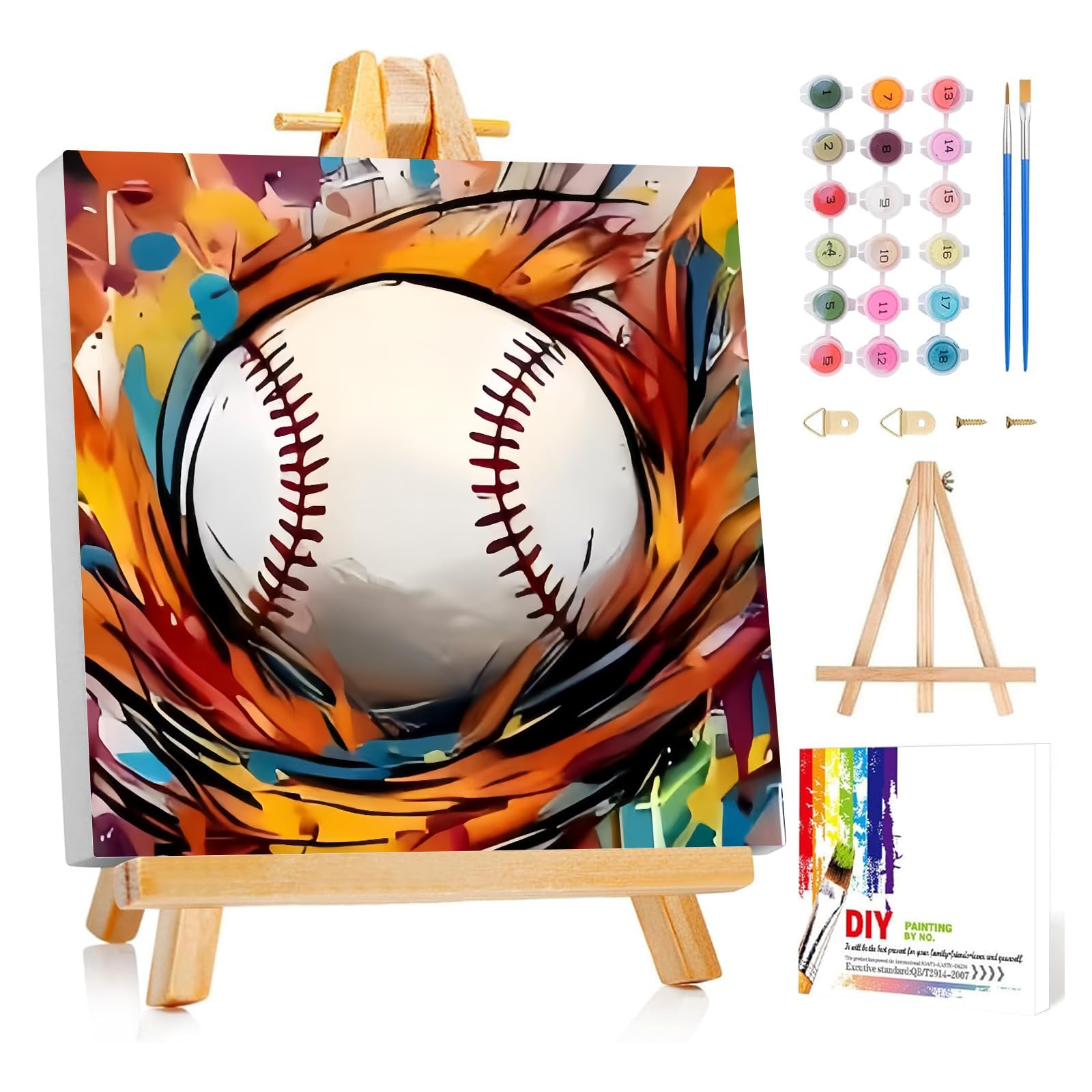 Mafenr Art Baseball Paint by Numbers for Kids, Baseball Paint by Number with Frame and Easel, Paint by Numbers for Children Age 5-8-12 for Gifts and Decor - 8X8Inch/20x20cm