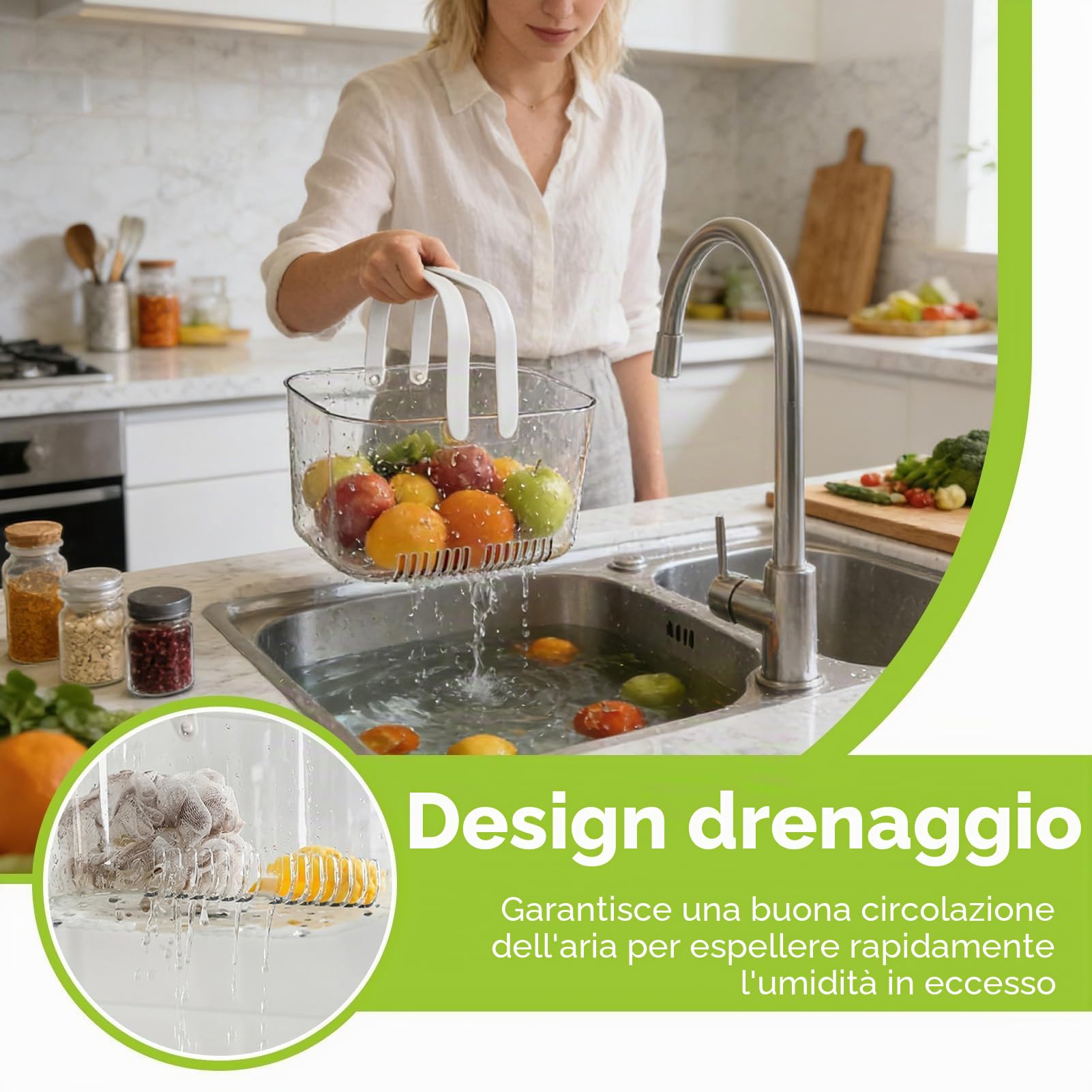 Cesto caddy doccia portatile, bidoni della doccia cesto in plastica cesto trasparente con manico di cestini di stoccaggio delle organizzatore in plastica per uso quotidiano (Bianco)