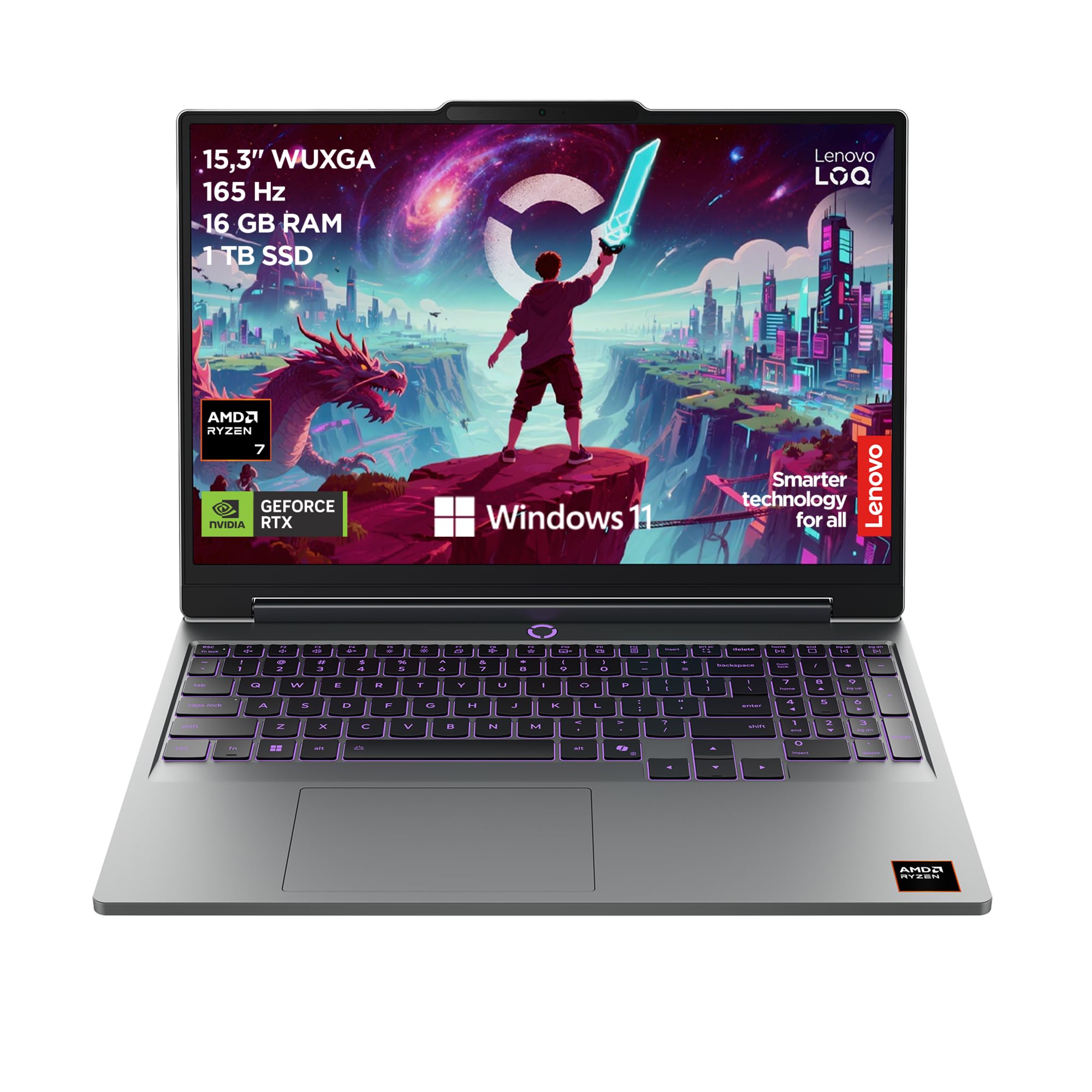 Lenovo LOQ Gaming AI Laptop | 15.3" WUXGA 165Hz Display | AMD Ryzen 7 250 | 16GB RAM | 1TB SSD | NVIDIA GeForce RTX 5060 | Windows 11 | QWERTZ | Grau | 3 Monate GamePass