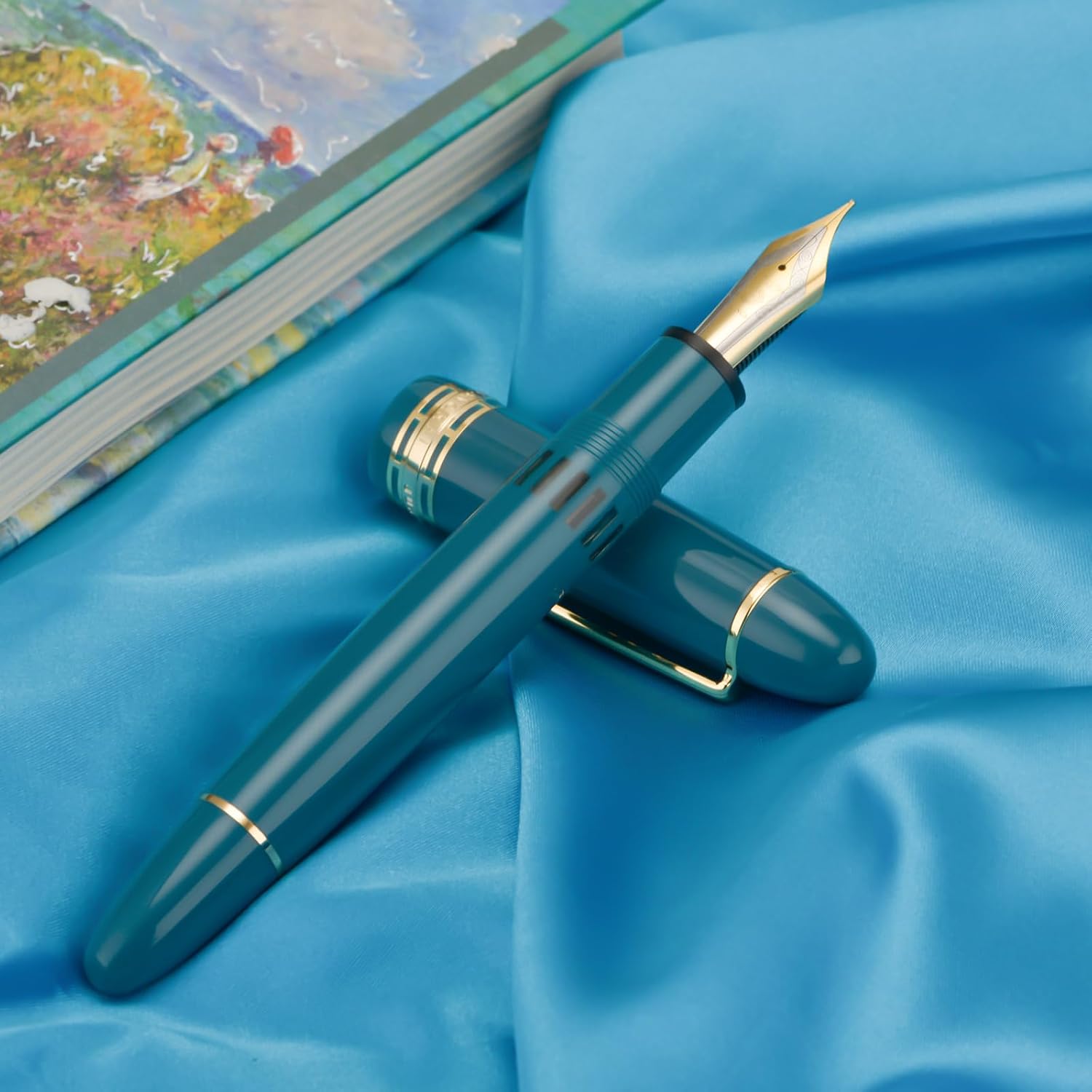 Yongsheng Junlai 630 Acrylic Fountain Pen, Size 8 Medium Nib with Piston Filling System, Indigo Blue Transparent Fence Ink Tank with Torpedo Shape Design Smooth Writing Pen (Gold Trim)