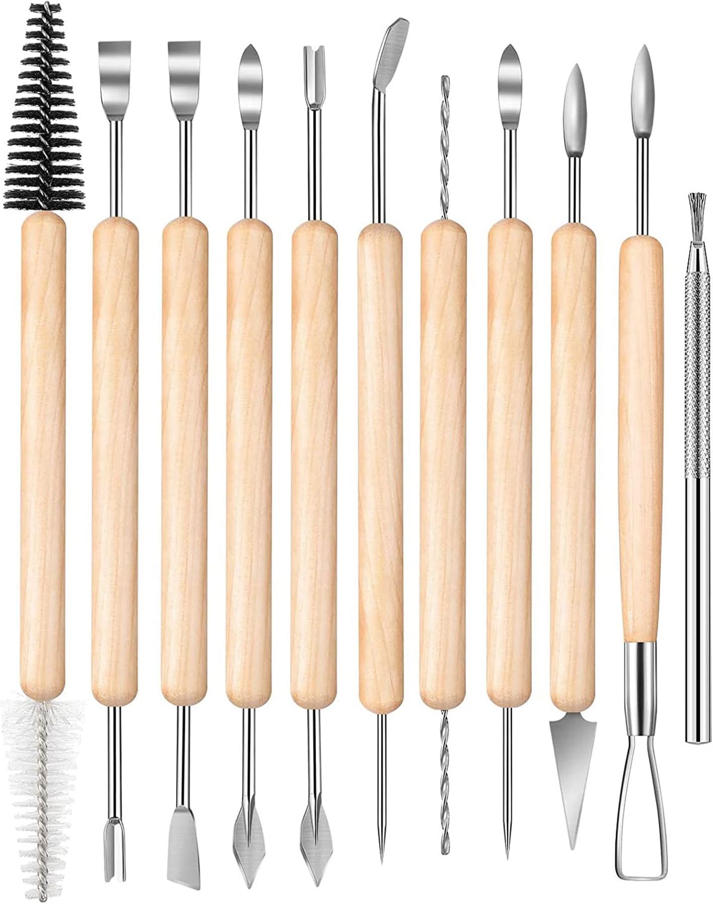 KEWAYO 11 Pieces Wooden Handle Clay Tool Set, Polymer Clay Sculpting Tool Kit DIY Wooden Handles Ceramic Tool, for Pottery Sculpture