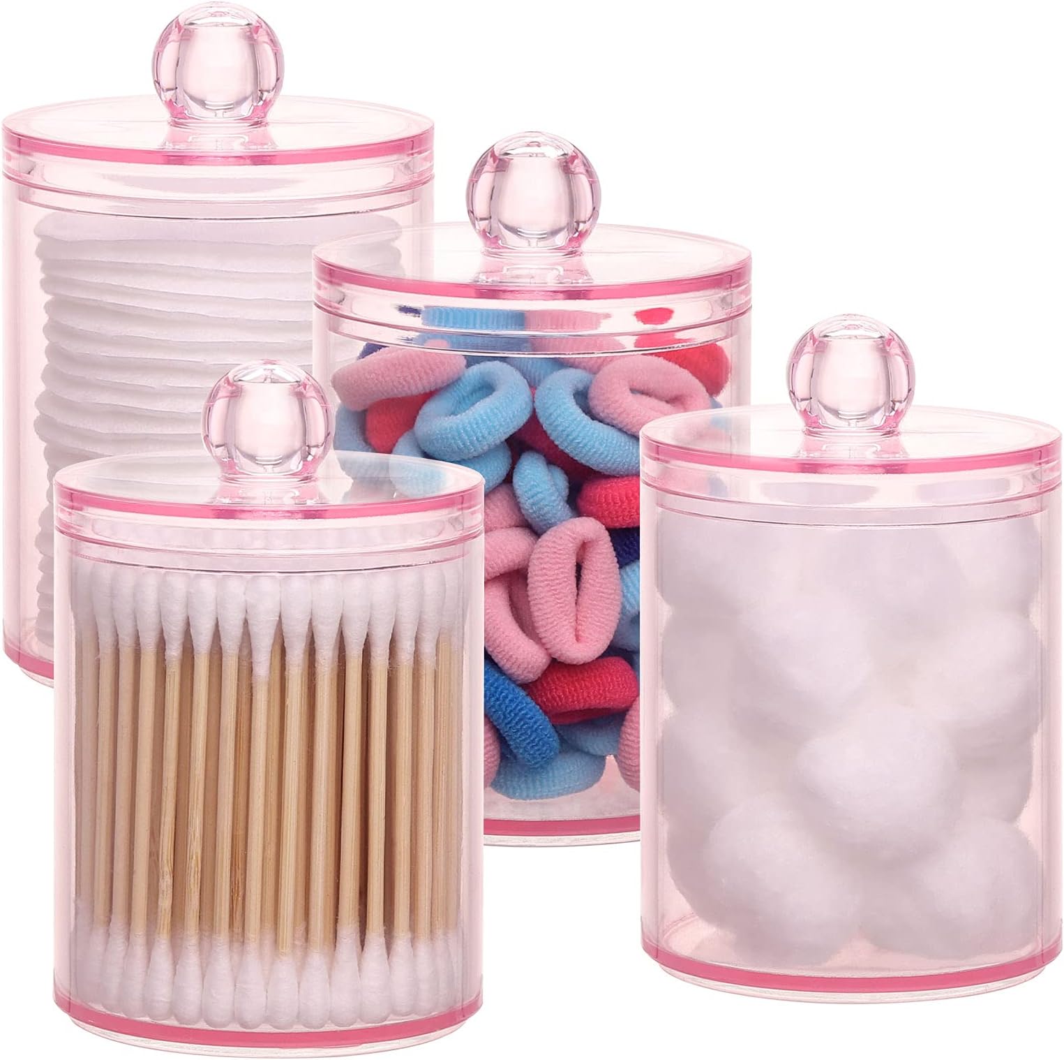4 pcs Qtips Holder Bathroom Container, 10 OZ Apothecary Jar, Pink Cotton Ball/Swabs Dispenser Organizer for Storage