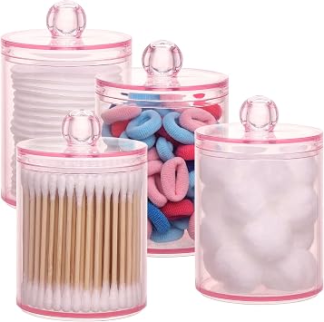 Tbestmax 4 أجهزة الكمبيوتر المحمولة Qtips حامل حمام ، 10 OZ Apothecary Jar ، Pink Cotton Ball / Swabs Dispenser Organizer للتخزين